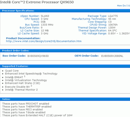  Intel core 2 Extreme QX9650 specification