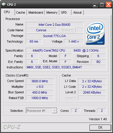 Core 2 Duo  e6400 @ 3.6 GHZ