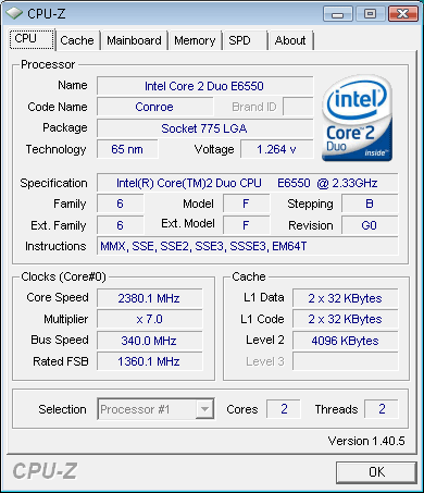 intel core 2 Duo e6550 : CPUZ default