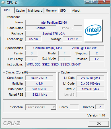 pentium e2160 overcloced @ 3.4 ghz